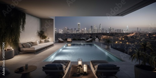 Impressive Luxury penthouse apartment terrace with pool overlooking los Angeles skyline  generative AI