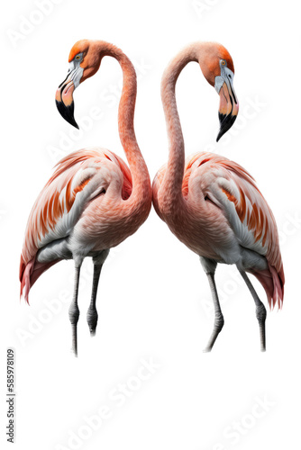 a summer-themed illustration featuring two majestic isolated pink flamingo birds standing set on a transparent background and provided in PNG. Generative AI © Purple Penguin GFX