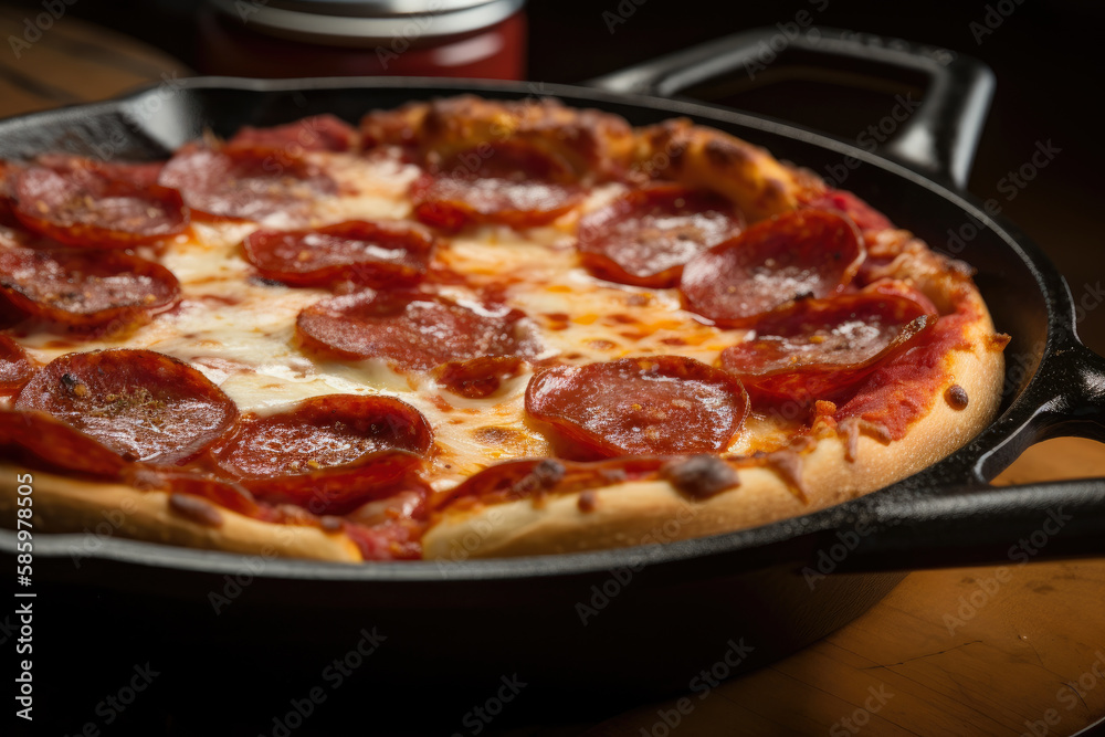 Close-up of a deep-dish pizza with layers of pepperoni, sausage, cheese, and tomato sauce in a cast iron skillet, generative ai