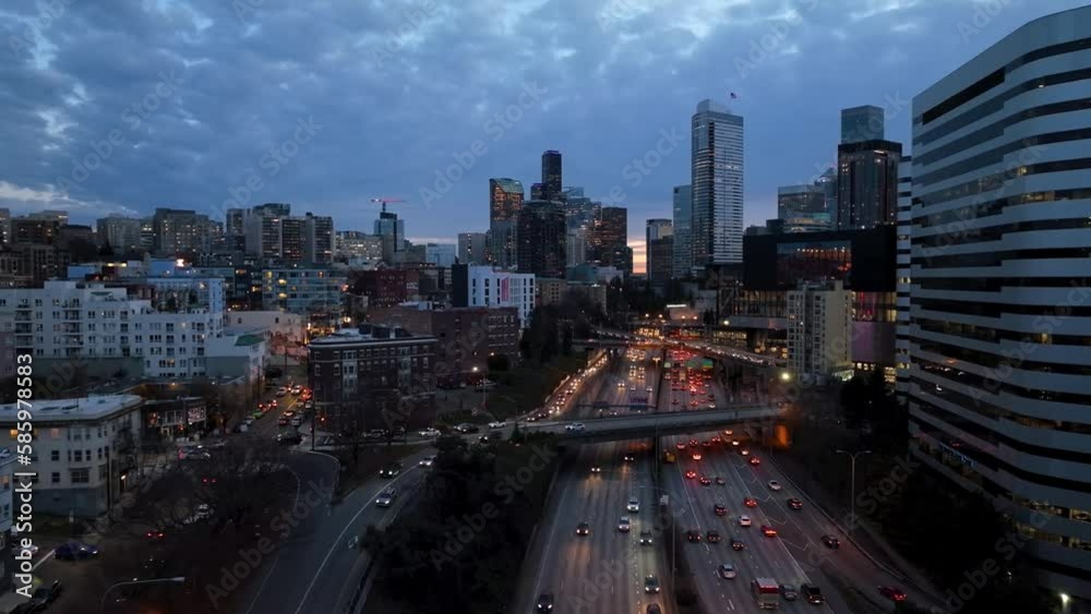 Aerial view of traffic piling up in Seattle's downtown I-5 sector. Aerial view of traffic piling up in Seattle's downtown I-5 sector.