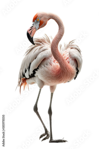 a summer-themed illustration featuring a majestic isolated pink flamingo bird standing set on a transparent background and provided in PNG. T-shirt design. Generative AI