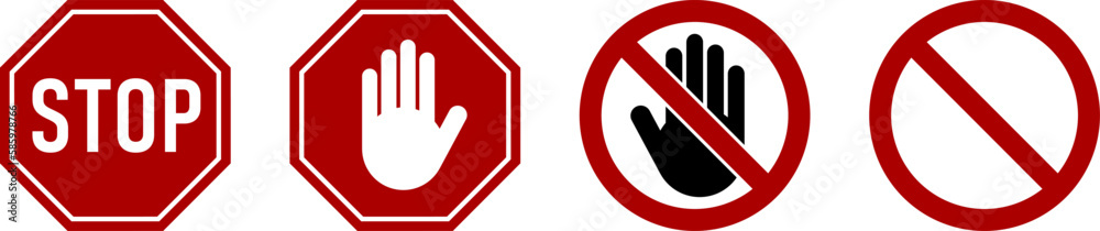Icon Set of Red Stop Sign and Stop Hand Adblock Octagonal Symbol ...