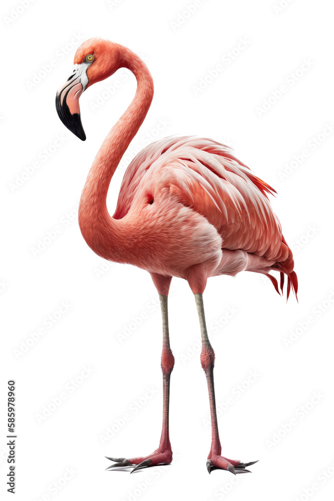 Fototapeta premium a summer-themed illustration featuring a majestic isolated pink flamingo bird standing set on a transparent background and provided in PNG. T-shirt design. Generative AI