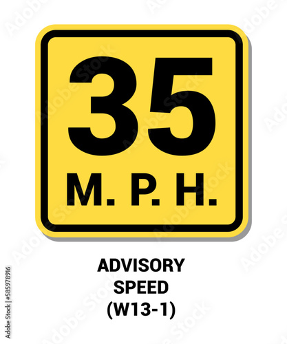Manual On Uniform Traffic Control Device ( MUTCD ) ADVISORY SPEED 35 MPH , United States Road Symbol Sign with description 