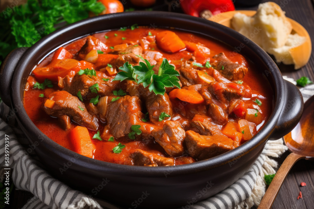 Classic Hungarian goulash with tender beef, diced tomatoes, and bell peppers in a thick and flavorful sauce, generative ai