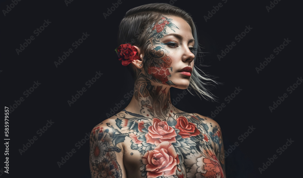 Stunning woman with a beautiful intricate roses tattoo standing against a black backdrop. Stunning woman with a beautiful intricate roses tattoo standing against a black backdrop.