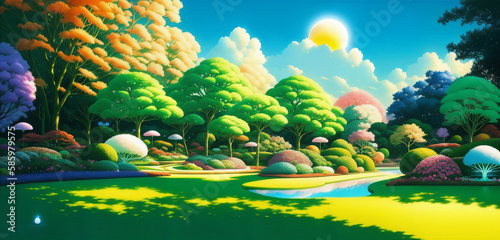 Majestic and Dreamlike Park with Lush Greenery, a Serene Pond, and Towering Trees Generative AI Art Illustration