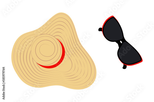 Set of a summer hat with wide brim and a strips around and black sunglasses. Sticker. Icon. Isolate