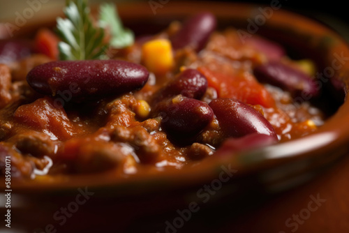 Bean There, Done That Macro Shot of Chunky Chili con Carne Studded with Beans and Vegetables, generative ai