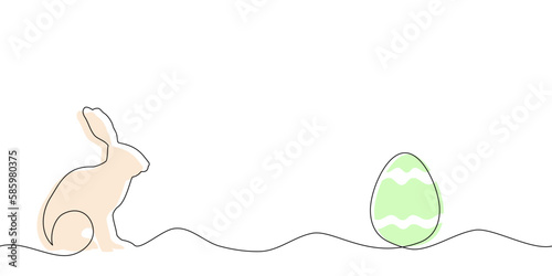 Zajączek wielkanocny rysowany jedną ciągłą linią. Zając i jajko wielkanocne. Tło na świąteczne banery. Sylwetka uroczego królika w prostym minimalistycznym stylu. Ilustracja wektorowa.