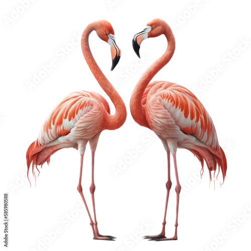 a summer-themed illustration featuring two majestic isolated pink flamingo birds set on a transparent background and provided in PNG. Generative AI © Purple Penguin GFX