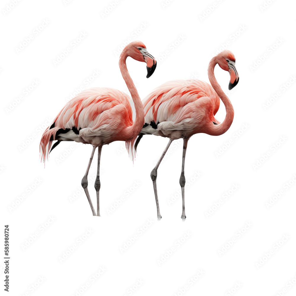 Fototapeta premium a summer-themed illustration featuring two majestic isolated pink flamingo birds set on a transparent background and provided in PNG. Generative AI