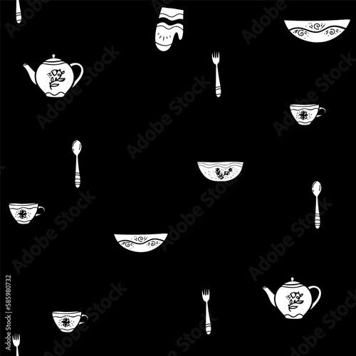 Seamless repeating pattern of plates and cutlery. Crockery knives and forks spoons. Hand drawn contour sketch