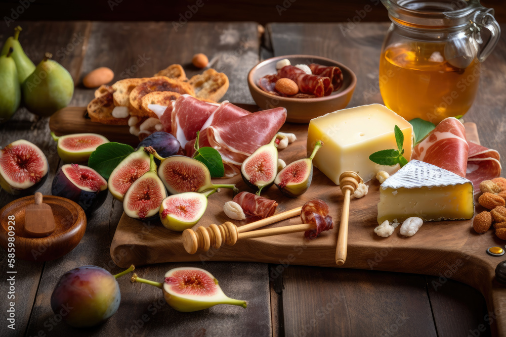 appetizing Charcuterie board with an assortment of cured meats, cheese, and fruits, with a jar of honey and fresh figs adding a sweet touch, generative ai