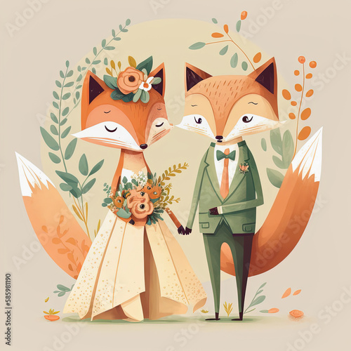 Fox bride and groom. Lovely wedding couple. Just Married