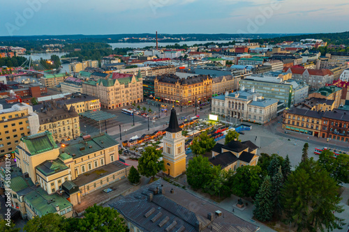 Sunset aerial view of Keskustori square in Tampere, Finland photo