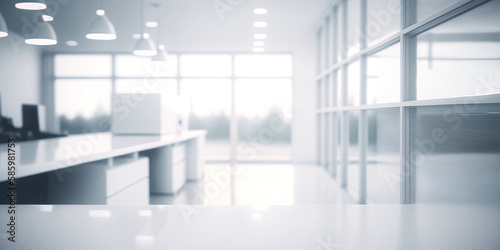 Abstract blurred modern workspace background, white indoor interior office or hospital with window and the light with copy space. Blurry backgrounds for advertising and business presentation. 