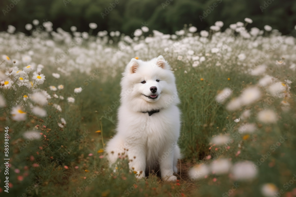 A Samoyed puppy with a fluffy sitting in a field of flowers. A Samoyed puppy with a fluffy sitting in a field of flowers.