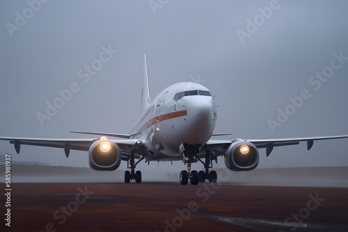 plane landing on runway on cloudy.