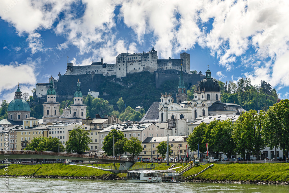 View at fortress Hohensalzburg in Salzburg City, austria, alongside the river Salzach in early spring