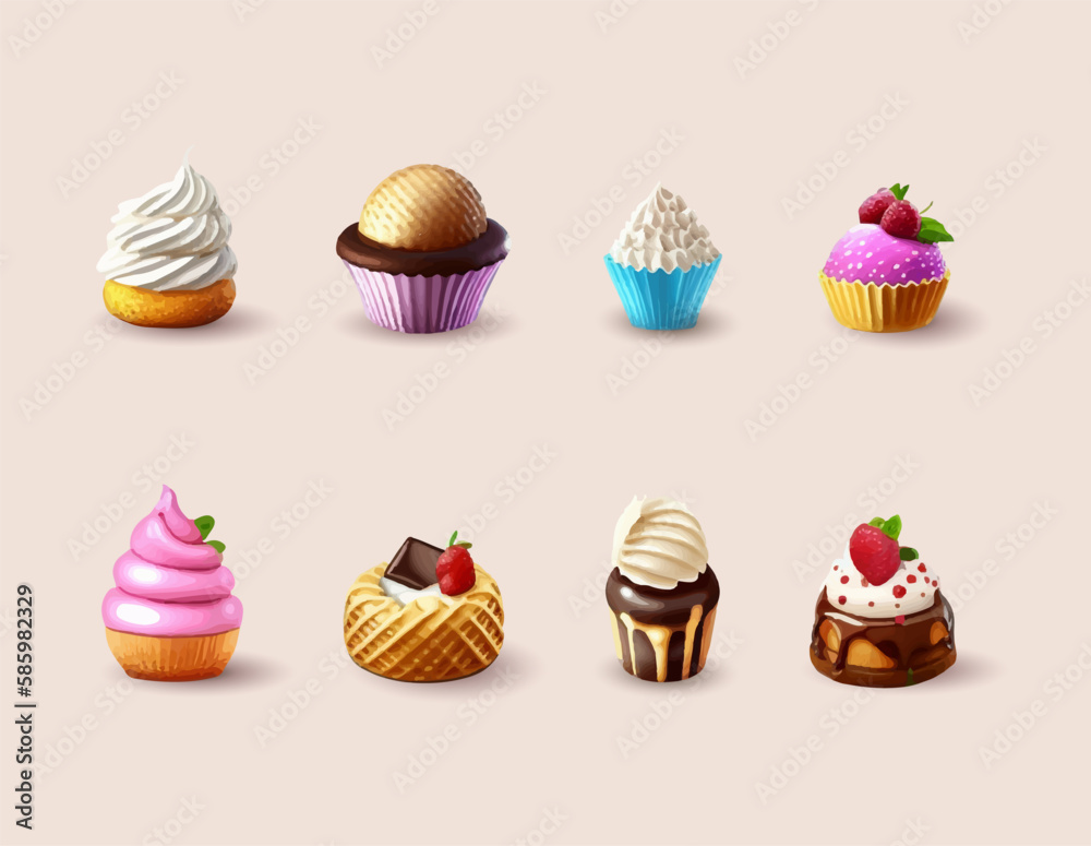 3d cartoon icons of confectionery products, cakes on waffle cups, fruit and chocolate cakes. Vector illustration 3d cartoon icons of confectionery products, cakes on waffle cups, fruit and chocolate cakes. Vector illustration