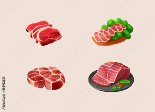3d icons of cartoon meat products, marbled steaks, sliced smoked meat with greens. Vector illustration