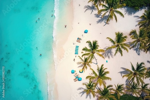 Aerial top view on sand beach. Ai. Palm trees and ocean top view