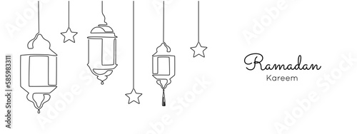 One continuous line drawing of Ramadan kareem. Islamic decoration with lanter and star in simple linear style. muslim religious holiday celebration. Editable stroke. Doodle vector illustration