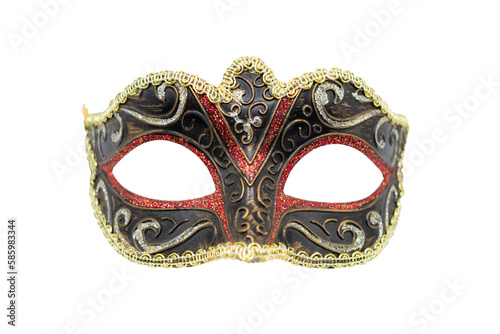 Isolated red and gold masquerade mask against a blank background © thelittlecactus