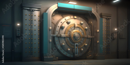 Bank Vault Door - Large and heavy bank vault keeps money and valuables secure. This 3D shaded photorealistic image was created by generative AI