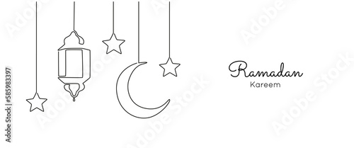 Ramadan kareem in one continuous line drawing. Islamic decoration with lanter, star and moon in simple linear style. muslim religious holiday celebration. Editable stroke. Doodle vector illustration