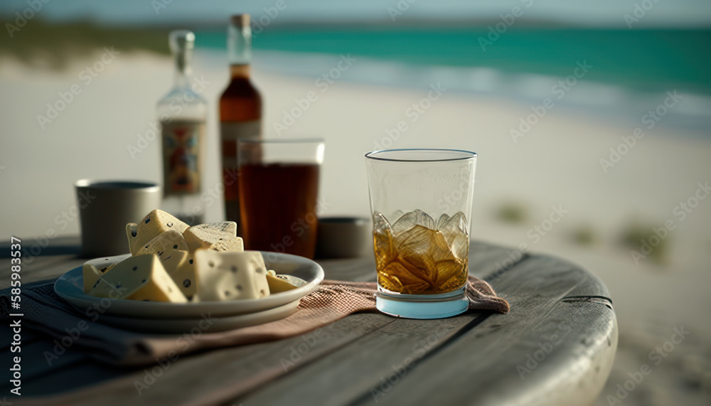Whiskey glass on the table with beautiful blurred beach in the background. Generative AI