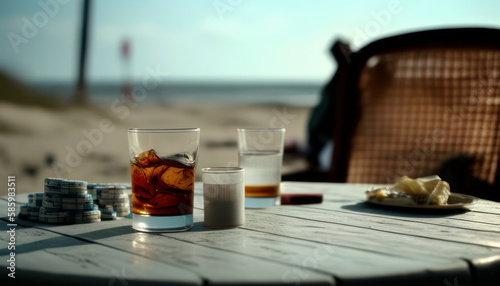 Whiskey glass on the table with beautiful blurred beach in the background. Generative AI