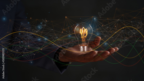 Creative solution or idea for web banner design or landing page template for creative agency with hands coming out of the screen with light bulbs and colorful abstract geometric shapes and lead lines.