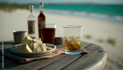 Whiskey glass on the table with beautiful blurred beach in the background. Generative AI © Fernando
