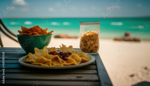 Drink with snacks on the table with a beautiful blurred beach in the background. Generative AI