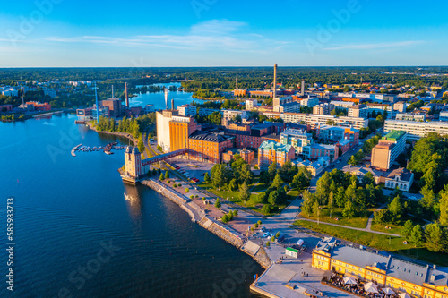 Sunset panorama view of industrial part of Finnish town Vaasa photo