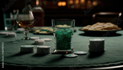 Glass of whiskey and poker chips on table with dark  background. Generative AI