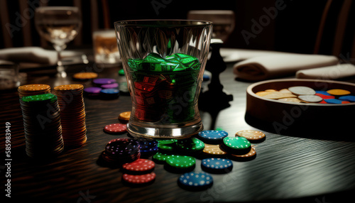 Glass of whiskey and poker chips on table with dark  background. Generative AI