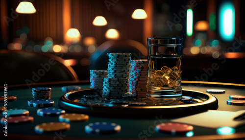 Glass of whiskey and poker chips on table with dark  background. Generative AI