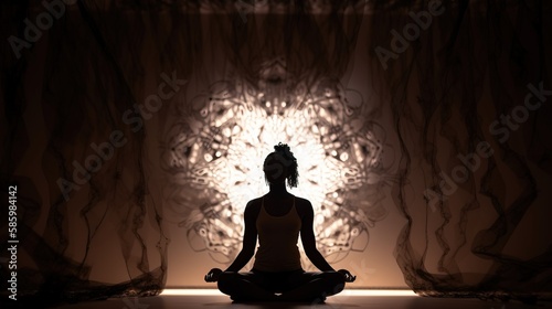 Woman sitting in Yoga Lotus pose. Her connection to a meditative space is profound and sincere. Generative AI.