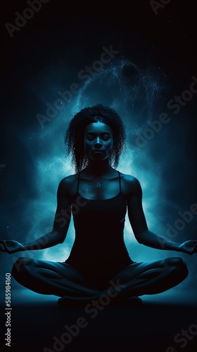 Woman sitting in Yoga Lotus pose. Her connection to a meditative space is profound and sincere. Generative AI.