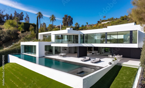 Villa in Beverly Hills, California. Holiday Rentals Los Angeles, luxyry villa with swimming pool in Beverly Hills. Modern apartment buildings, Facade exterior design. Ai generative illustration. © MaxSafaniuk