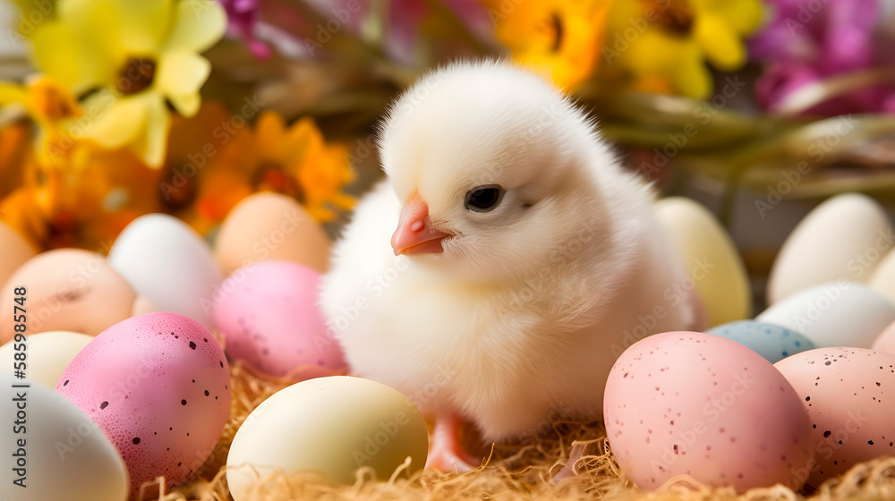Adorable close-up photograph of a cute fluffy chick, surrounded by colorful Easter eggs and flower
