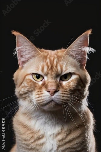 portrait of bored Maine Coon breed cat isolated on black color background