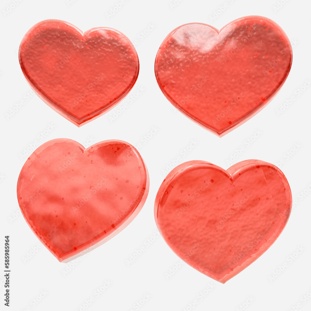 Set of 3D red hearts made of candy isolated on white background. 3D render