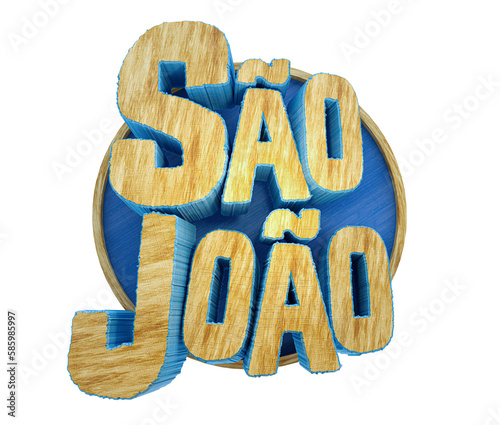 Selo 3D of São João made out of wood with blue paint and wooden texture. 3D render. Saint John festivities. (ID: 585985997)