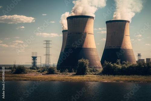Cooling towers of Nuclear Power Station near city. AI generated, human enhanced