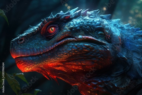 The head of a fabulous dragon close-up. AI generated  human enhanced