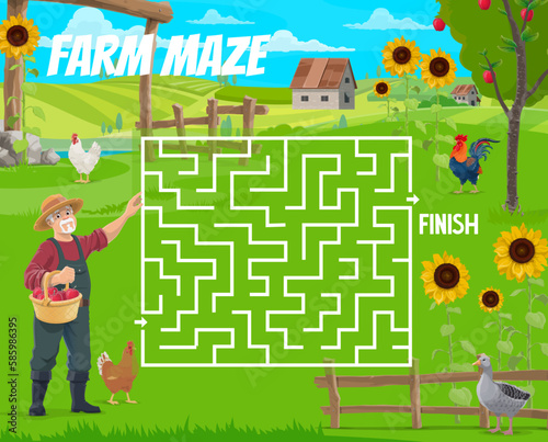 Labyrinth maze, help the old farmer find a rooster and goose. Kids vector worksheet boardgame with cartoon man villager searching birds on ranch, tangled path, start and finish, recreational riddle
